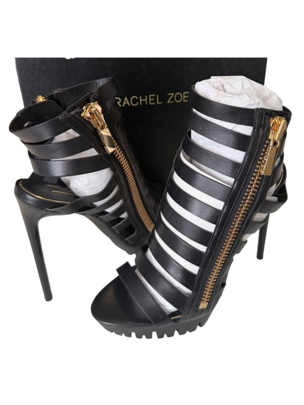 Rachel Zoe Heart Black Leather Strappy Stiletto Sandals Size 8.5 NIB